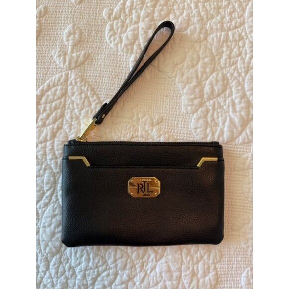 Lauren Ralph Lauren Black Pebbled Leather Wristlet With Gold-Tone Accents & Zipp - Picture 1 of 7